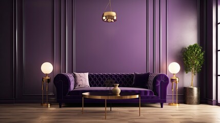 Wall Mural - Luxury modern interior of living room ,Ultraviolet home decor concept ,purple sofa and black table with gold lamp on light purple wall and woodfloor, generative ai