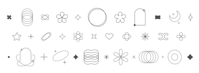 Poster - Aesthetic y2k geometric shapes. Simple trendy geometry shapes. Retro line art design elements. Vector illustration isolated on white background.