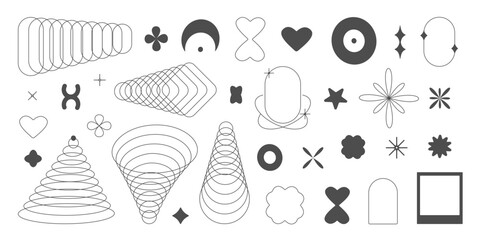 Aufkleber - Aesthetic y2k geometric shapes. Simple trendy geometry shapes. Retro line art design elements. Vector illustration for social media or poster. EPS 10