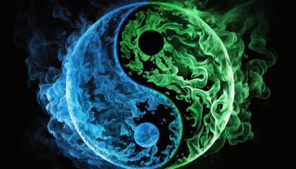 Wall Mural -  Yin-yang or Tai Chi symbol made of green and blue fire on black background created with generative AI technology