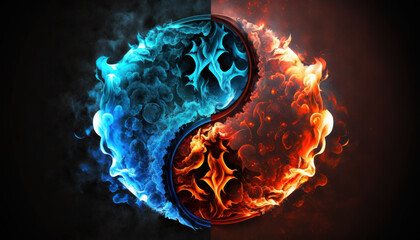 Wall Mural -  Yin-yang or Tai Chi symbol made of red and blue fire on black background created with generative AI technology