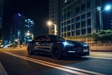 Fototapeta  - an electric sports car driving through a city at night. generative ai