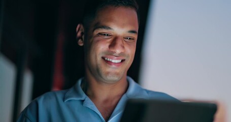 Aufkleber - Businessman, face or tablet on office building balcony for startup planning, company growth or night deadline progress. Smile, happy or working late man on technology, website review or timeline app