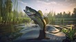 Largemouth bass jumping out of water in a swamp created with Generative AI Technology, ai, generative