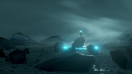 Wall Mural - an astronaut figure standing surrounded by a glowing blue energy loop set on a strange rocky landsca