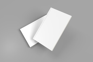 2 softcover book mockups are standing on a gray background, designed with 3D render visual effects that are indistinguishable from reality. A mockup, with flashy white covers resembling a real book.