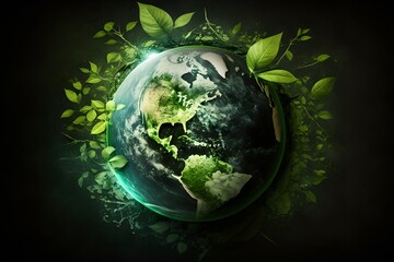 Green Earth globe covered with leaves, generative ai illustration