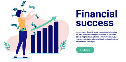 Leinwandbilder - Financial success - Woman making money in front of rising chart and green arrow pointing upwards. Economic growth concept in flat design vector illustration with white background