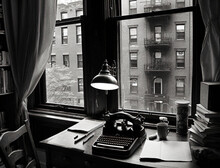 The Office Of A 1930s Crime Novelist With A View Of Brooklyn In NYC, And A Vintage Typewriter  -generative AI