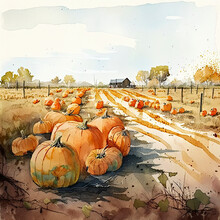 Watercolor Pumpkin Farm With Dirt Road Going Through The Middle Created With Generative AI Technology
