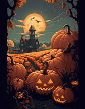 Poster Illustration Of Halloween Jack-o-lanterns In A Pumpkin Field At Night With Farmhouse In The Background Created With Generative AI Technology