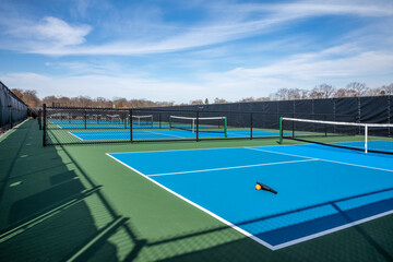 View of a new pickleball complex with a paddle and orange ball on blue and green courts in a suburban setting during early spring.