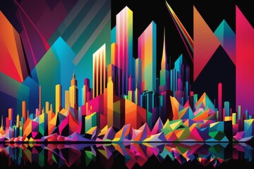 A colorful low polygon abstract pattern of a futuristic cityscape at night with towering skyscrapers and neon lights. Generative AI