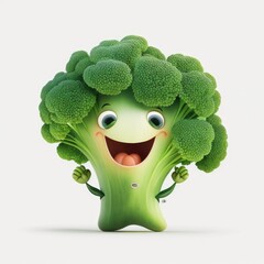 Wall Mural - Happy smiling cartoon green broccoli laughing face character, funny cute vegetable sticker color personage icon on white background, healthy organic vegan diet food. AI generative.