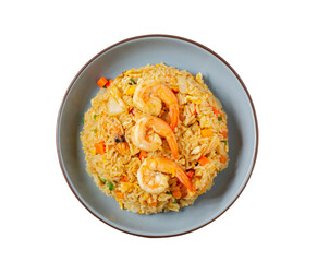 Wall Mural - Fried rice with vegetables and seafood prawns, carrots, eggs, and tomatoes. Chinese Thai food is served on blue plates isolated in the background. Top view - clipping path