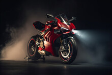 Photorealistic Ai Artwork Of A Red Motorcycle, A Sports Bike In A Studio Surrounded By Smoke And Professional Lighting. Generative Ai.