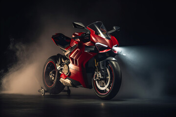 Photorealistic ai artwork of a red motorcycle, a sports bike in a studio surrounded by smoke and professional lighting. Generative ai.