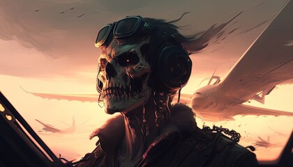 Wall Mural - horror skull pilot, digital art illustration, Generative AI