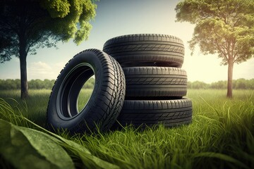 Stack of car tires on green lawn. Car tires in nature. Generative AI