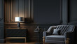 Modern classic black interior with capitone brown leather chester sofa