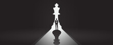 Experienced Seasoned Business Career Man Employee In Front Of A Bright Chess King Piece Door With The Shadow Of A Pawn - Being Used, Underachiever, Change Opportunity, Career Decision Moment Concept
