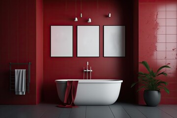 Red themed bathroom, red tiles and three posters above. Copyspace. Generative AI