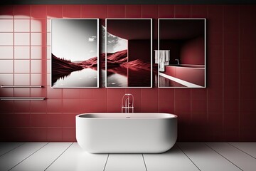 Red themed bathroom, red tiles and three posters above. Copyspace. Generative AI