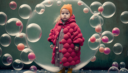 a little girl with a very colorful modern coat in the middle of gigantic bubbles, generative ai illustration