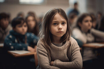 Unhappy girl with sad face expression looking at camera while sitting in classroom during lesson together with copy space left, generative ai image.