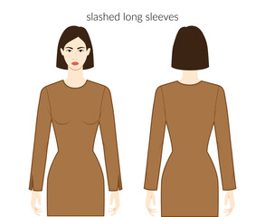 Wall Mural - Slashed sleeves long length clothes character beautiful lady in brown top, shirt, dress technical fashion illustration with fitted body. Flat apparel template front, back. Women, men unisex CAD mockup