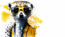 Standing Meerkat With Sunglasses Isolated On White Background - Watercolor Style Illustration Background By Generative Ai
