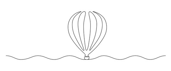 Wall Mural - Hot air balloon in One continuous line drawing. Travel flying on aerostat in sky logo and divider concept in simple linear style. Editable stroke. Doodle vector illustration