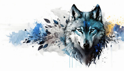  White Flower Wolf - watercolor style illustration background by Generative Ai
