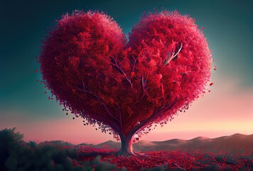 Red heart shape tree landscape with sky background. Valentines day and romance concept. Digital art illustration. Generative AI