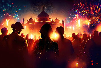 Wall Mural - Indian crowd people in the Diwali the festival of lights in the night with candle lights fireworks and mosque background. Generative AI