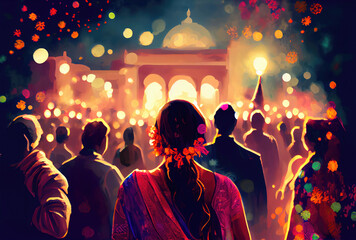 Wall Mural - Indian crowd people in the Diwali the festival of lights in the night with candle lights fireworks and mosque background. Generative AI