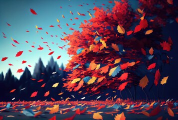 Wall Mural - Red maple leaves in the wind with landscape background. Autumn and fall seasonal concept. Digital art illustration. Generative AI