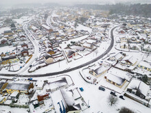 Aerial View Of Snow Covered Streets And Roads During A Blizzard (Wales)