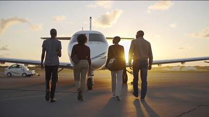 Successful Young African American Family Walking with Luggage to Their Private Executive Luxury Jet - Generatvie AI.