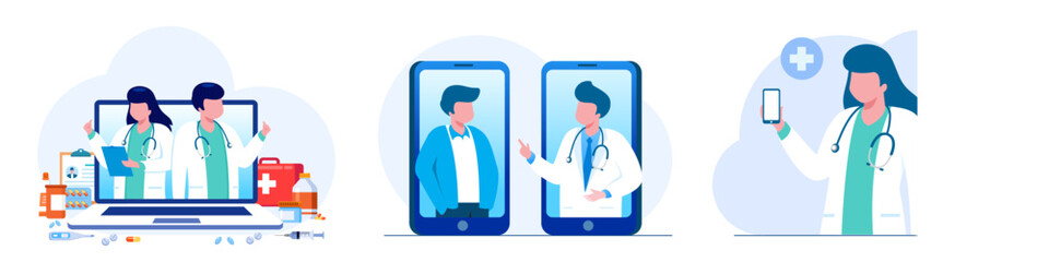 Online medical consultation and support. Online doctor. Healthcare services, Ask a doctor. Family doctor, gynecologist with stethoscope on the laptop screen. Flat vector illustration