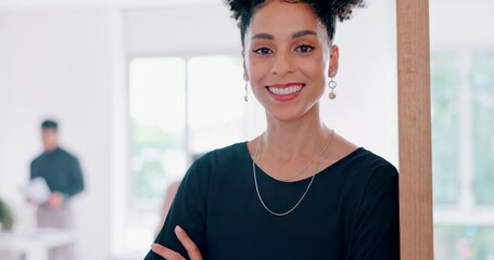 Wall Mural - Black business woman, face and smile for leadership management success, positive mindset and employee goals vision standing in office. Corporate happiness, african manager portrait and motivation