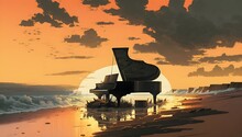 Surreal Painting Of Melting Black Piano On The Beach At Sunset, Illustration Art, Generative AI