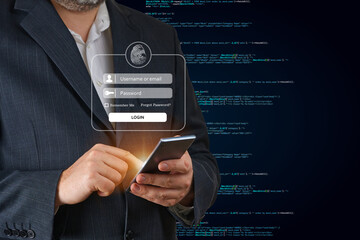Poster - Businessman login using his smartphone. Using mobile phone to type user and passwords for login. Concept of Cyber security for internet access to financial applications