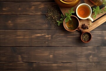 cup of tea with teapot, organic green tea leaves and dried herbs on wooden table top view with copy 
