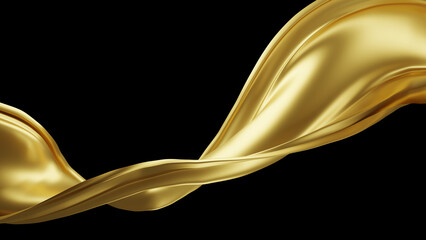 Wall Mural - Gold fabric flying in the wind isolated on black background 3D render