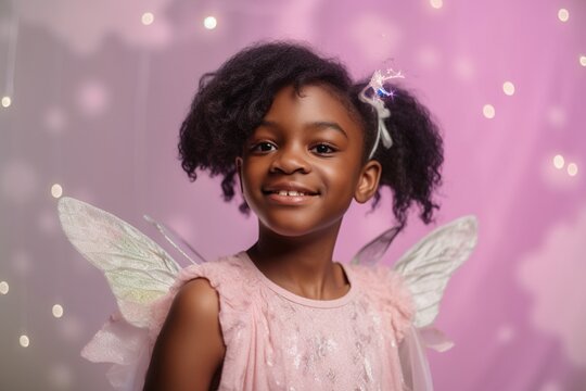 cute little black girl disguised in fairy fay princess looking proud happy and confident, reworked and enhanced ai generated portrait of a not real person