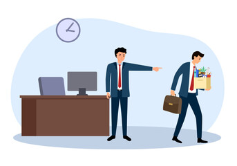 Businessman leaving job vector illustration. Boss fired employee. Layoff office worker in flat design.