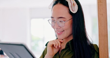 Poster - Asian woman, tablet and typing for social media startup and smile. Female, girl and digital chatting, connection and search internet for information, technology and communication with apps.