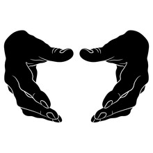Front View Of Two Empty Human Hands In Holding Gesture. Cartoon Style. Black And White Silhouette.