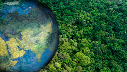 Wall Mural - Atmospheric  Aerial view of green forest and land Demonstrates the concept of preserving the ecosystem and the natural environment at its best and preserving the earth and preserving forests.